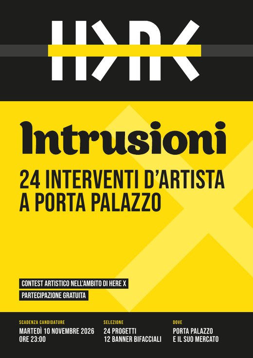 Copertina del regolamento di Intrusioni: logo HERE, scritta Intrusioni, 24 interventi d'artista a Porta Palazzo